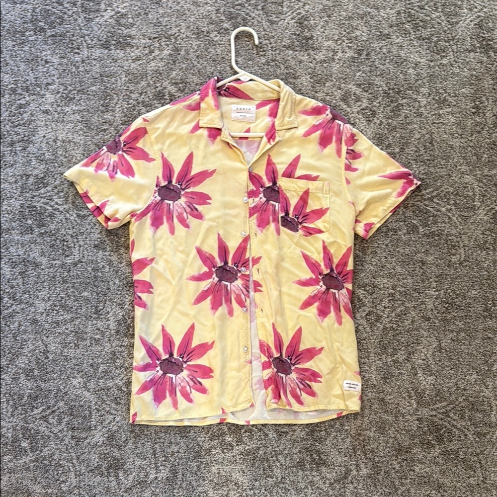 Vibrant Yellow and Pink Floral Casual Button Down Shirt